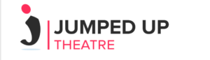 logo for jumped up theatre, black writing with a giant J shaped like a person